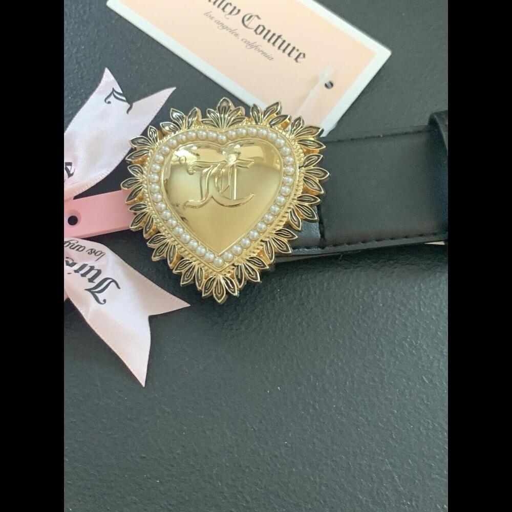 Juicy Couture Faux Pearl Heart Black Faux Leather Belt S/M Valentines NWT